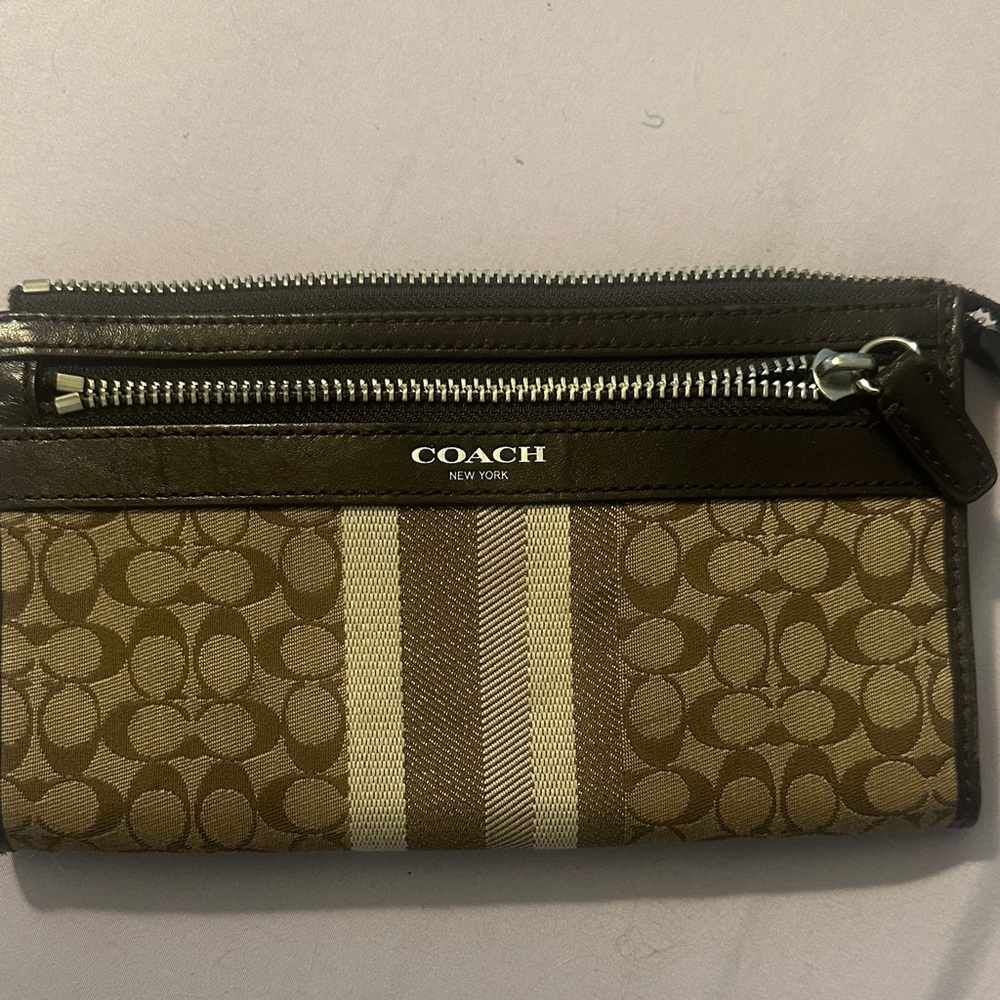 Coach Signature Brown and Cream Wristlet